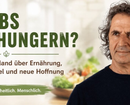 René Gräber vor gesunden Lebensmitteln und stilisierter Krebszelle – Jane McLellands Ansatz „Krebs aushungern?“