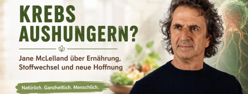 René Gräber vor gesunden Lebensmitteln und stilisierter Krebszelle – Jane McLellands Ansatz „Krebs aushungern?“