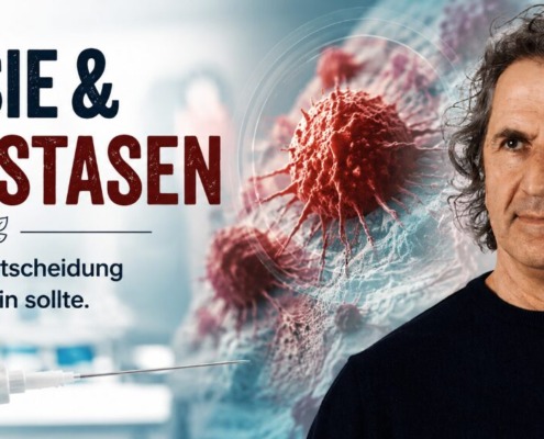 René Gräber vor stilisierten Krebszellen und einer Biopsienadel – Biopsie und Metastasen kritisch betrachtet.