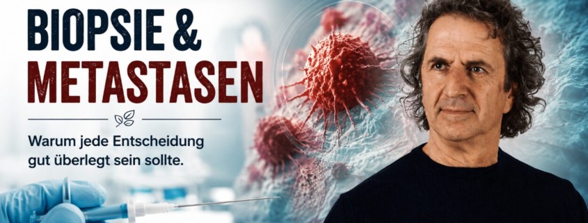 René Gräber vor stilisierten Krebszellen und einer Biopsienadel – Biopsie und Metastasen kritisch betrachtet.