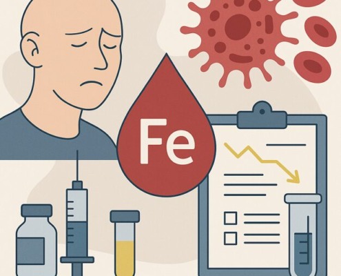 Illustration zum Thema Eisenmangel bei Krebspatienten mit Symbolen für Blut, Laborwerte, Krebszellen und Erschöpfung.