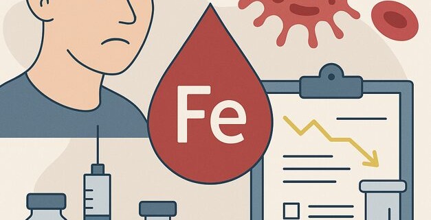 Illustration zum Thema Eisenmangel bei Krebspatienten mit Symbolen für Blut, Laborwerte, Krebszellen und Erschöpfung.